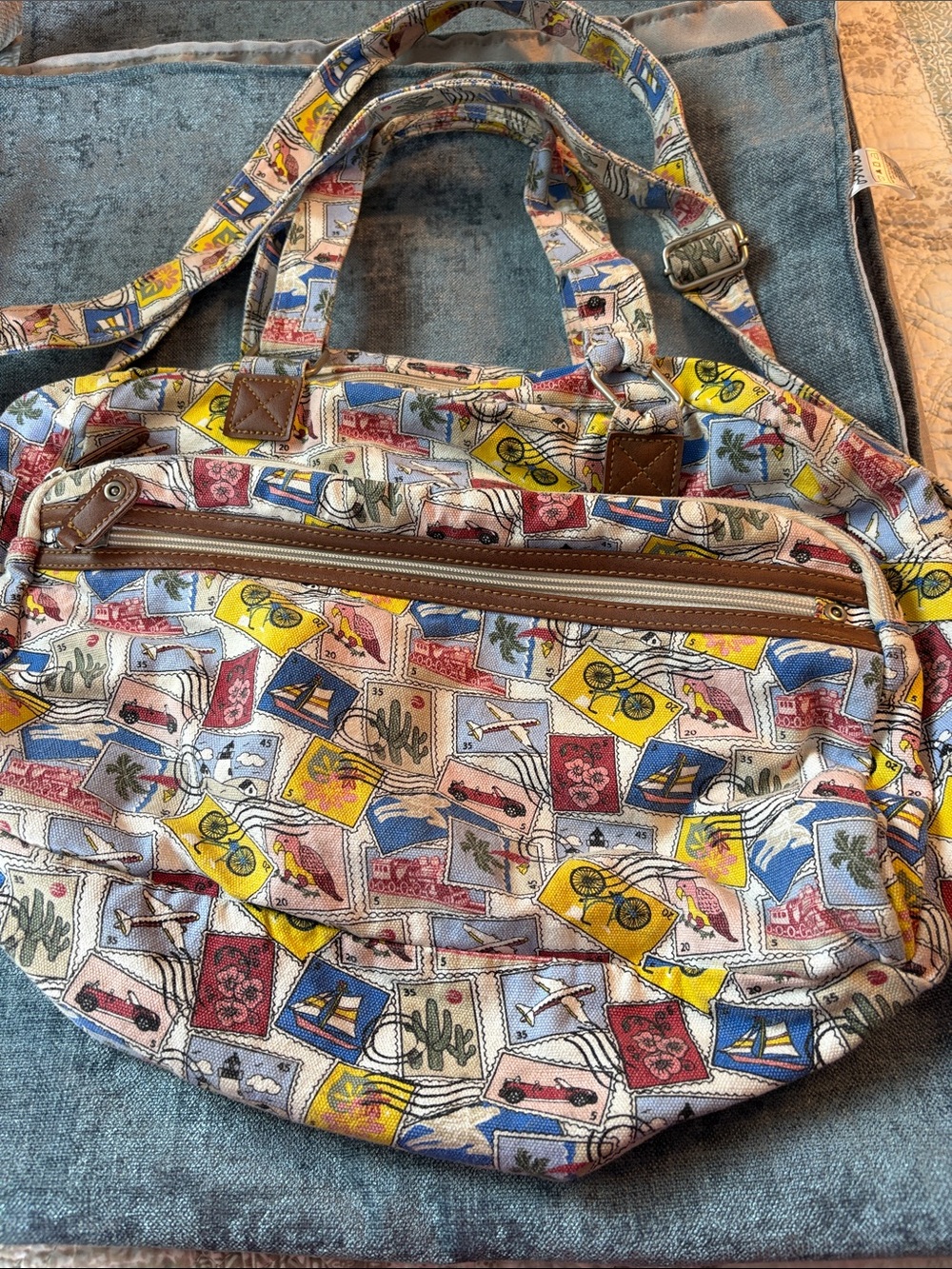 Canvas Duffel Bag in Multicolor Stamp Print